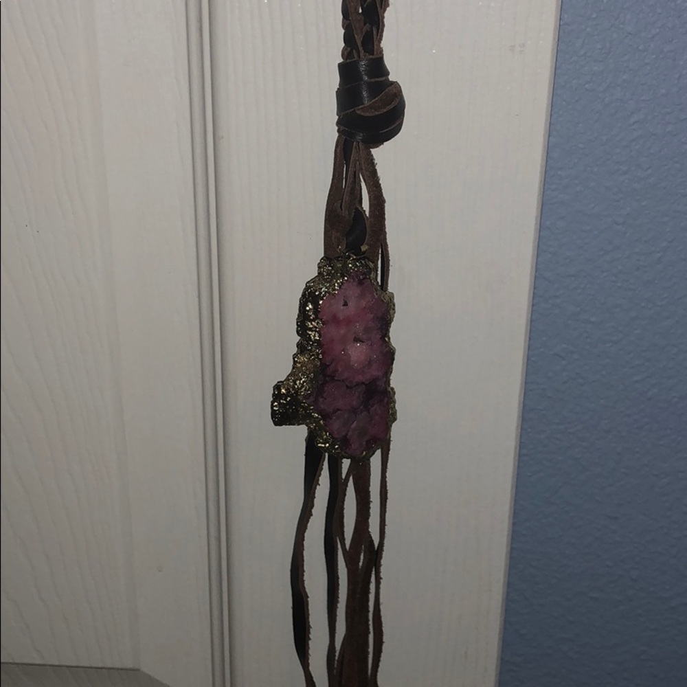 Brown Leather Tassel/Maroon Stone Necklace